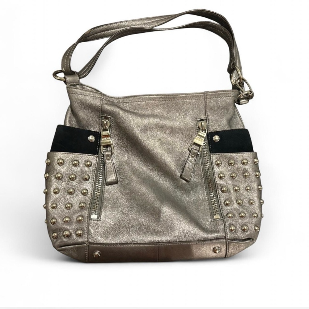 B. Makowsky Silver Leather Studded Shoulder Bag Y2K Leopard Lining